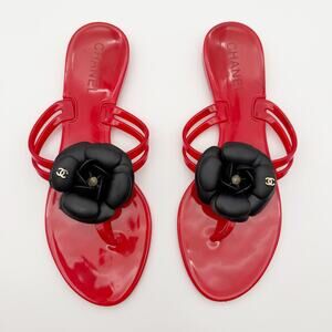 Chanel Camellia Flower Jelly Thong Sandals Red PVC Flip Flops CC Logo Size 38